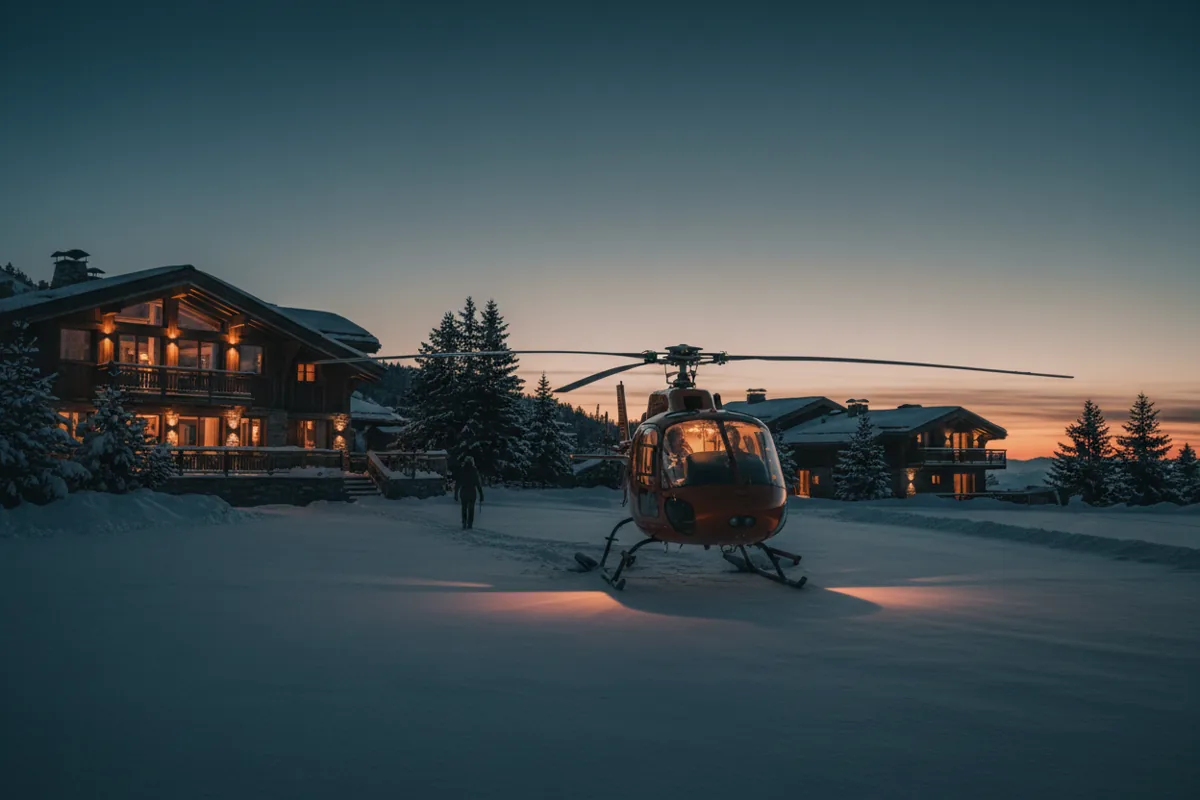 Hélicoptère posé sur un altiport enneigé à Courchevel, près d'un chalet de ski illuminé à la tombée de la nuit.