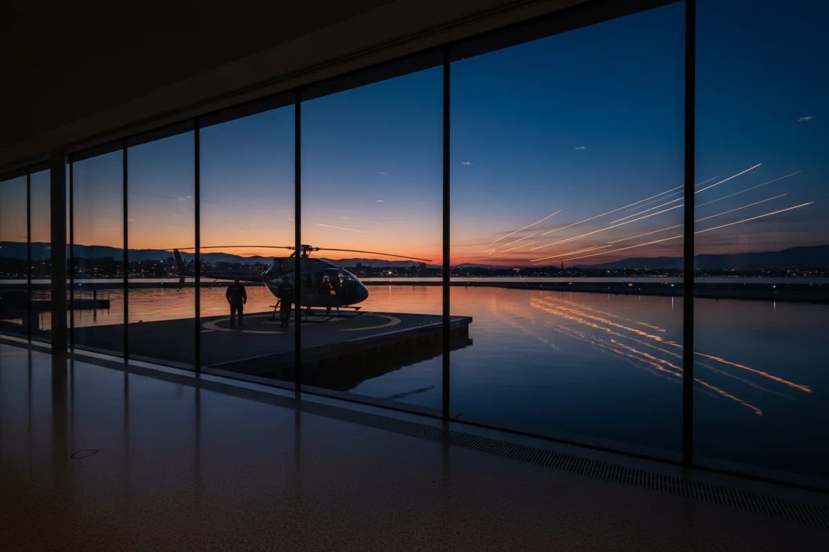Hélicoptère sur un héliport au bord du lac Léman au crépuscule, avec les lumières de Genève en arrière-plan.