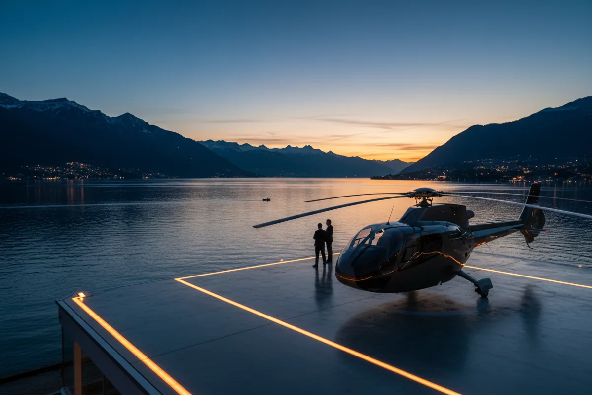 Hélicoptère BLADE stationné sur un héliport avec vue sur le lac Léman et les Alpes.