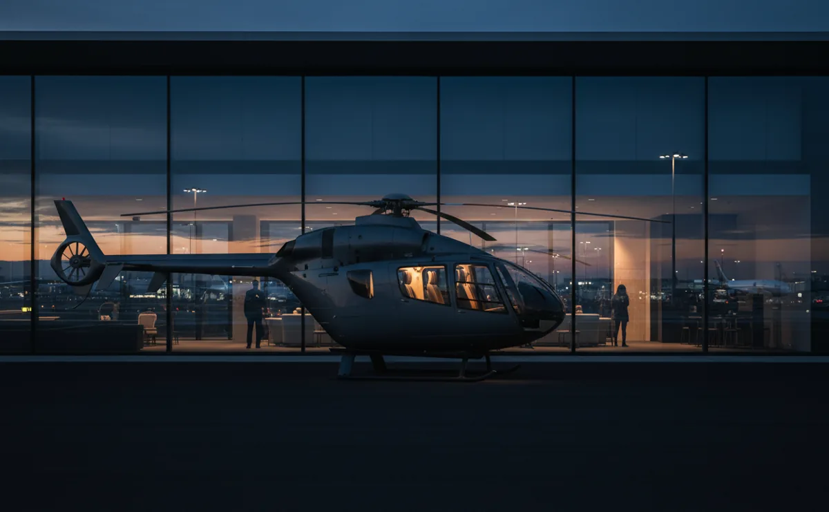 Hélicoptère sur le tarmac d'un terminal privé à l'aéroport de Genève au crépuscule.