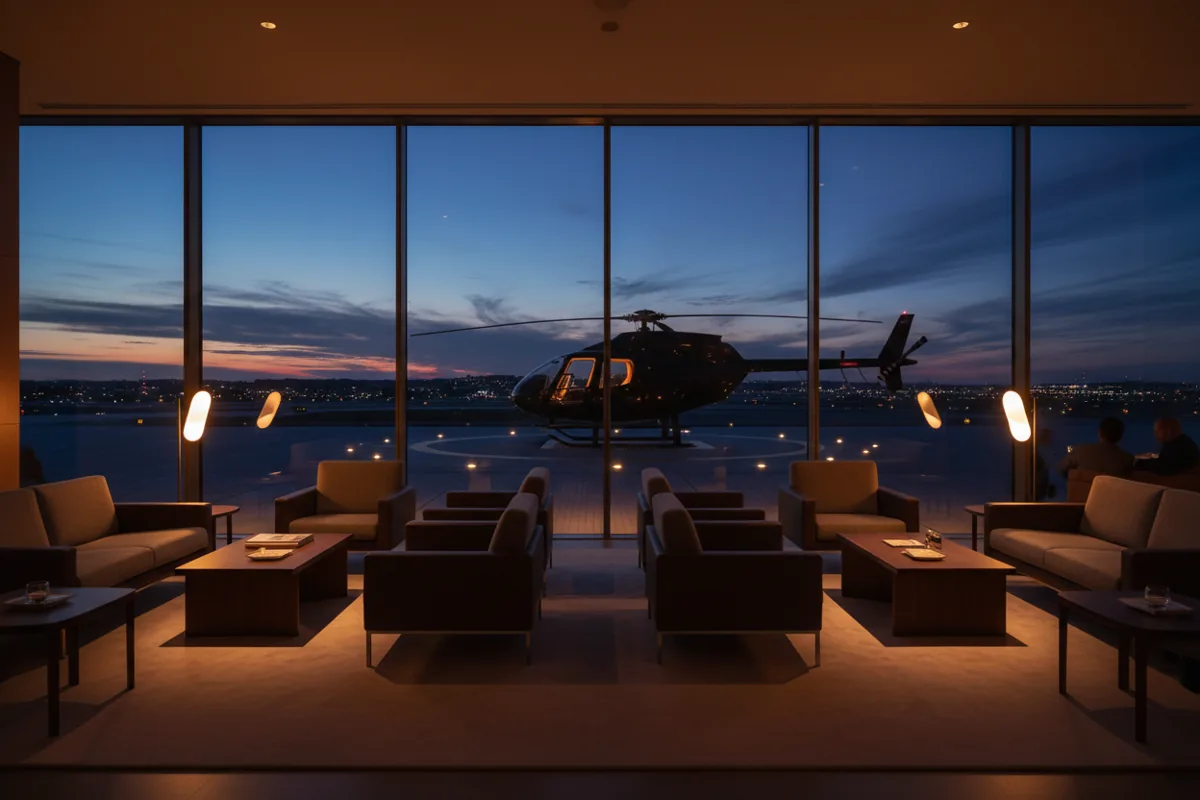 Intérieur d'un salon d'héliport moderne et luxueux au crépuscule, avec vue sur une piste d'atterrissage.