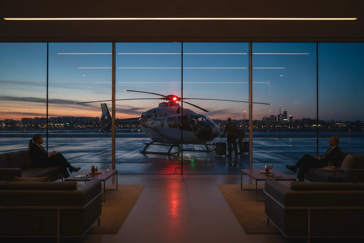 Vue depuis un salon d'aéroport sur un hélicoptère attendant sur le tarmac au crépuscule.