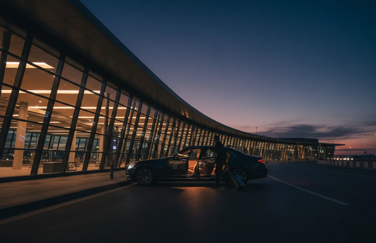 Personne avec une valise s'apprêtant à monter dans une voiture de luxe devant un terminal d'aéroport la nuit.