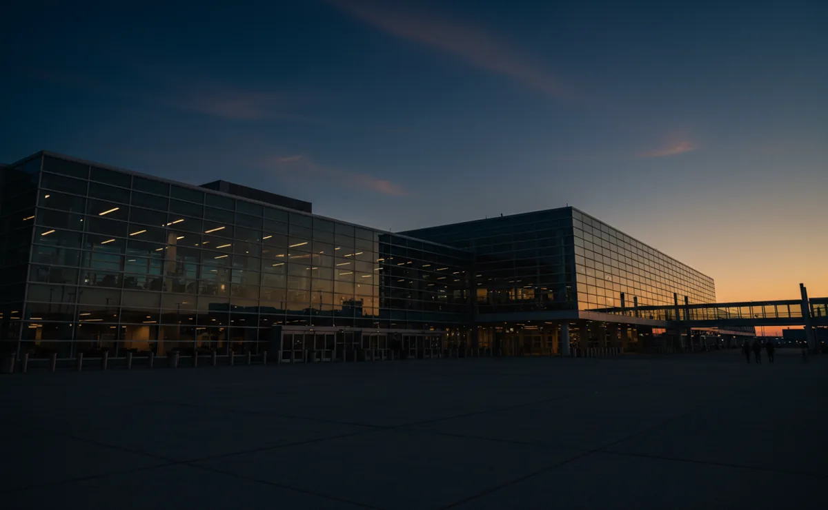 The modern glass and steel exterior of Newark Airport's Terminal B on a sunny day.