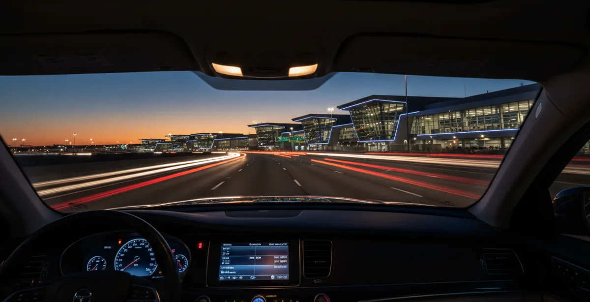 View from a car approaching a brightly lit airport terminal at dusk.