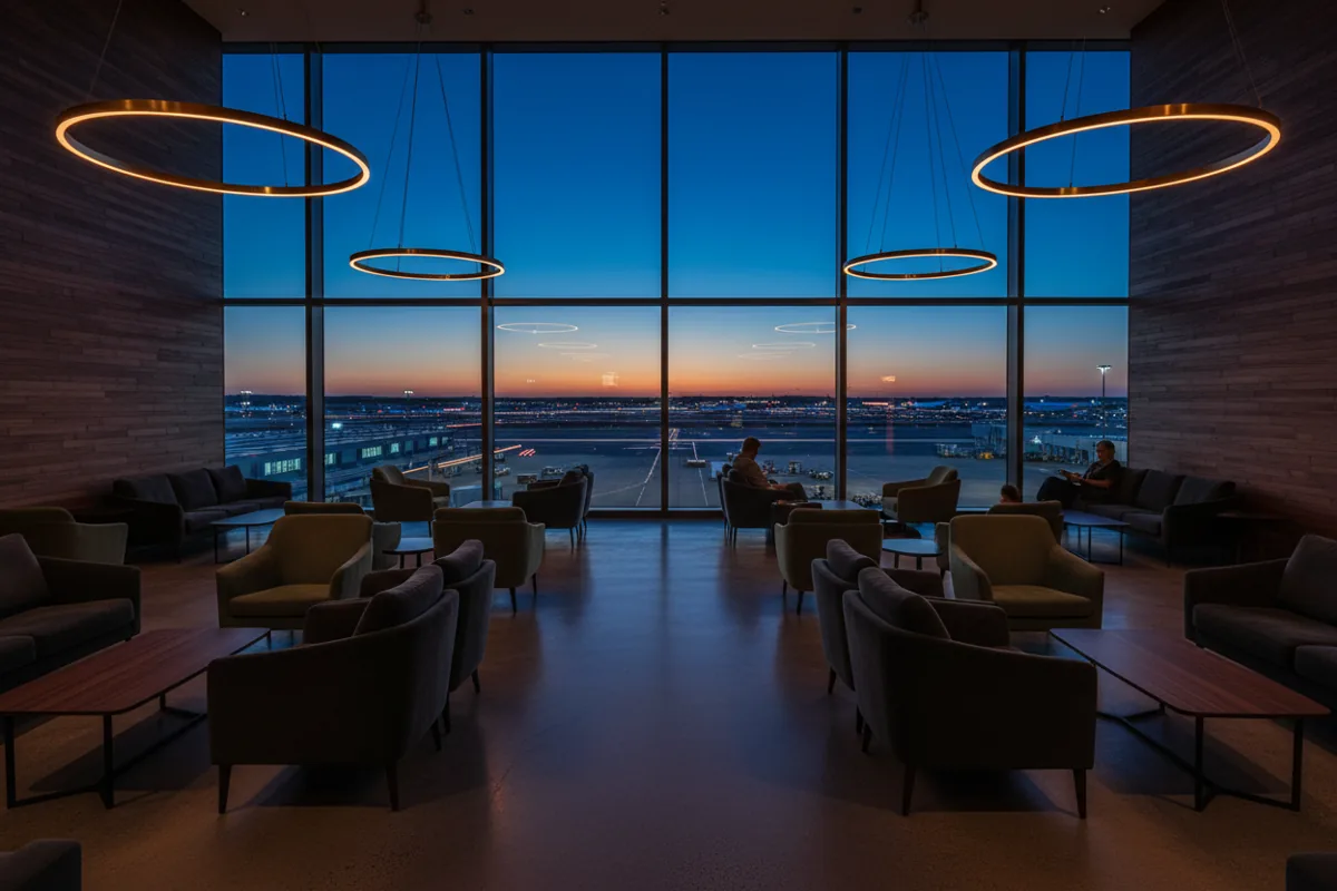 A quiet, upscale airport lounge with a bar overlooking the tarmac at twilight.