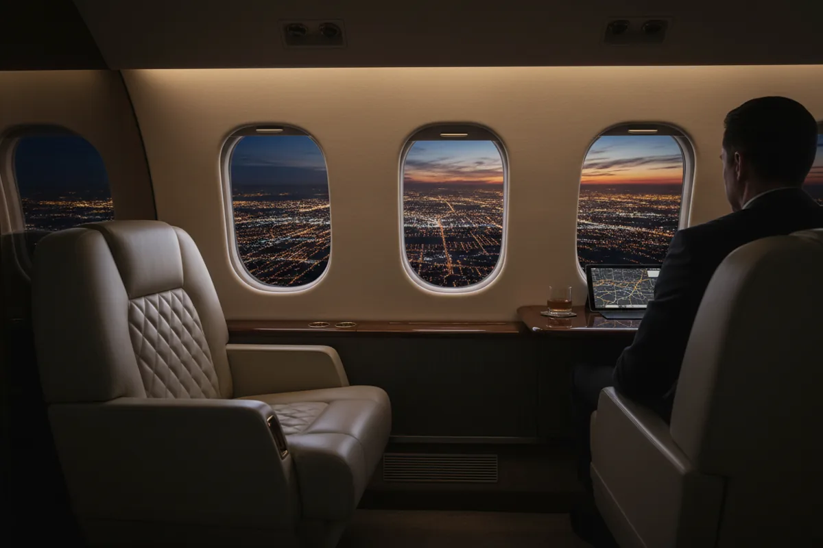The interior of a private jet cabin with a view of city lights at night through the window.