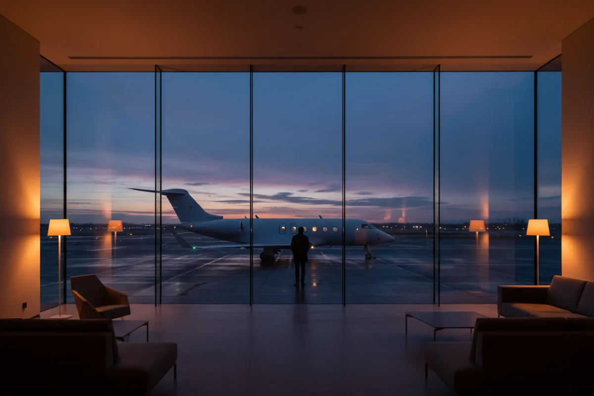 A person in a private airport lounge at dusk, looking out at a jet on the tarmac.