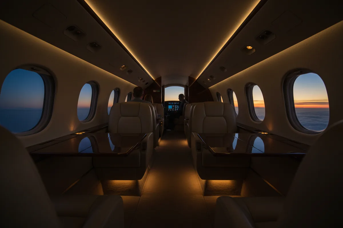 The empty, sunlit interior of a luxurious private jet cabin with cream leather seats.