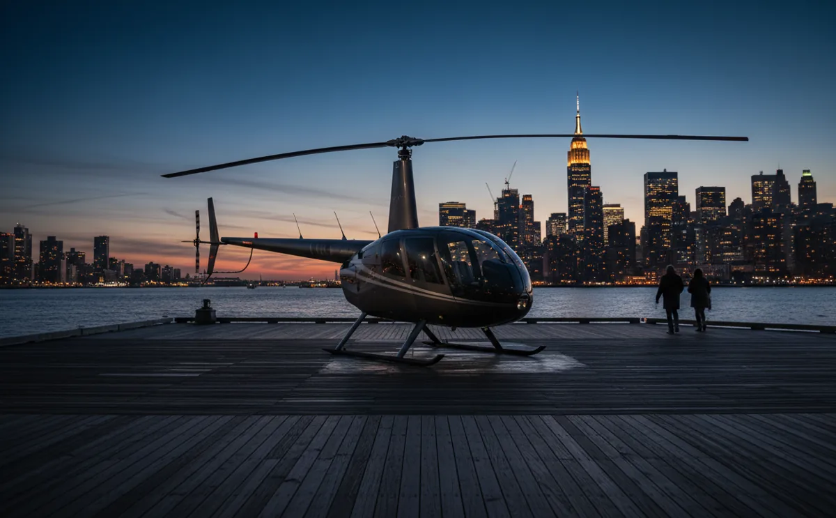 A twin-engine helicopter on a Hudson River heliport at twilight with the Empire State Building and Hudson Yards behind it.
