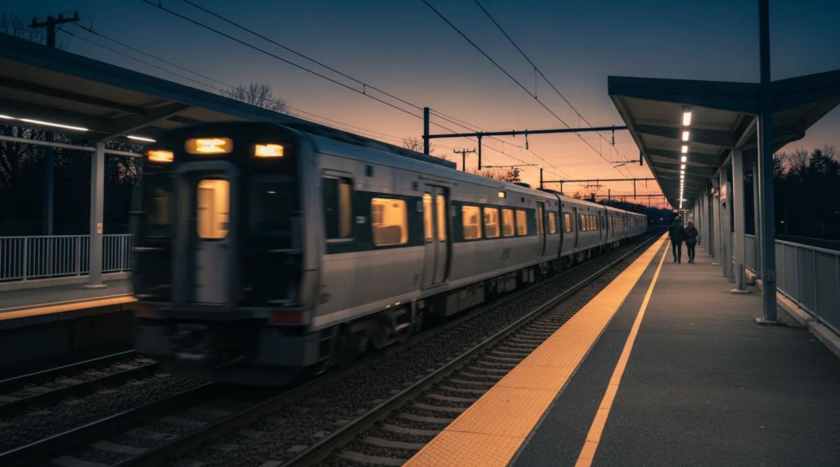A modern train with blurred motion pulling through a station at dusk.