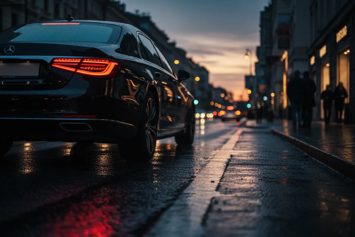 A black luxury car driving on a wet city street at night, with glowing taillights.