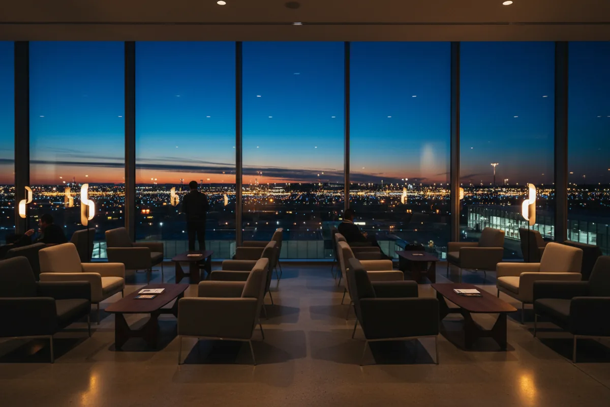 Silhouettes of travelers in a modern airport lounge overlooking the airfield at twilight.