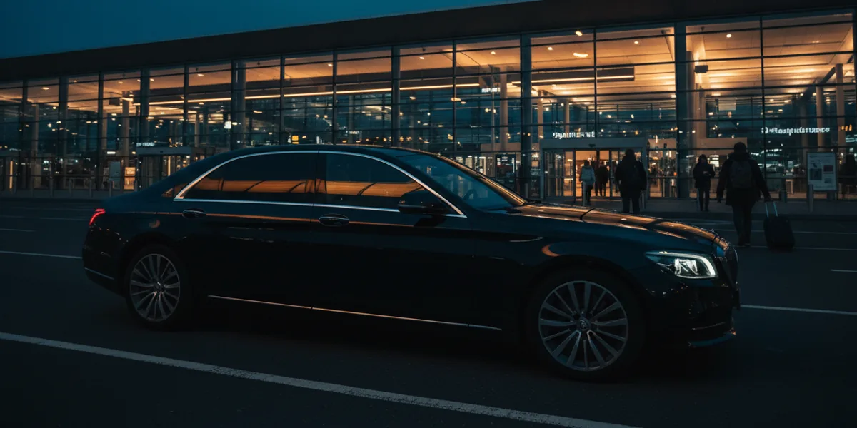A luxury black car parked at an airport terminal curb at dusk.