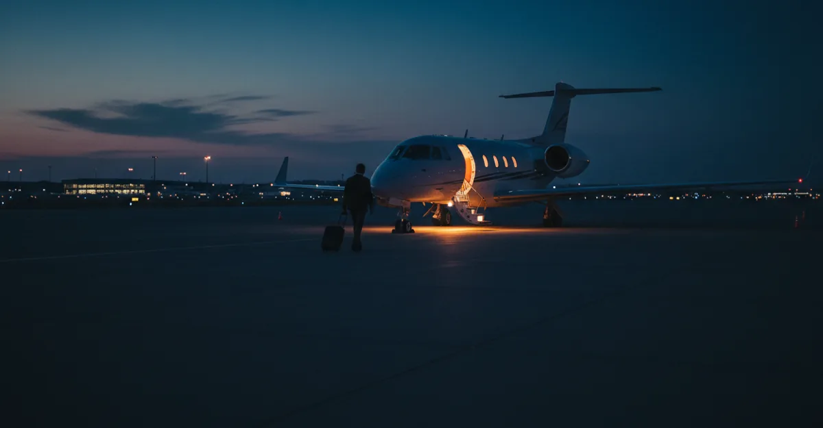 A person walks toward a private jet on the tarmac at twilight, with light coming from the plane's open door.