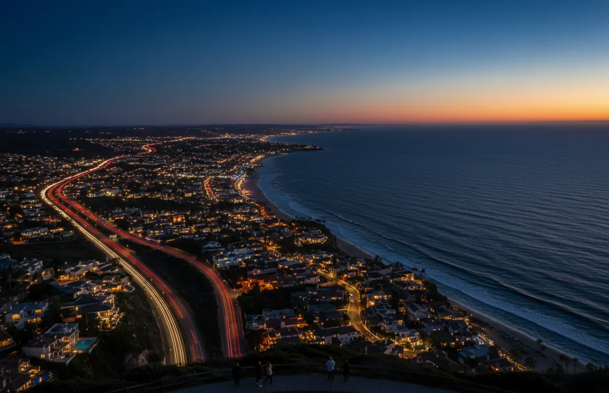 Aerial view of the Southern California coastline at dusk, with city lights glowing along the shore.