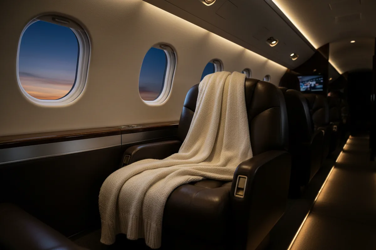 A plush cashmere blanket draped over a leather seat inside a luxury private jet cabin.
