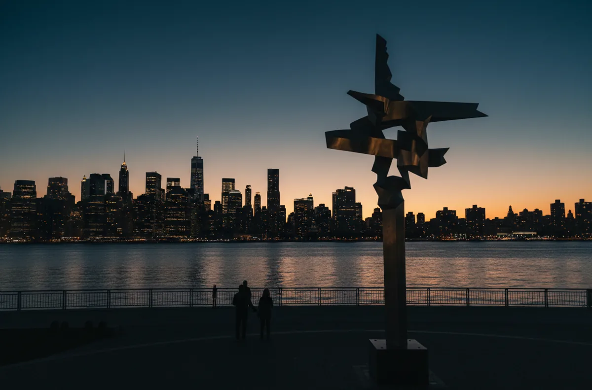 A modern sculpture in an Astoria park at dusk, with the Manhattan skyline visible across the East River.