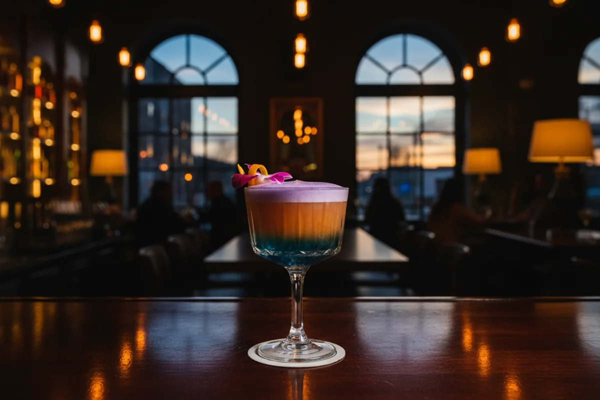 A close-up of a craft cocktail in a coupe glass on a bar, with the blurred lights of a lounge in the background.