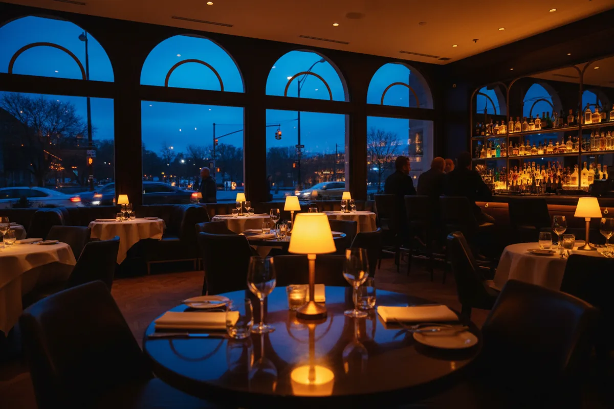 An elegant, warmly lit restaurant interior with a view of the street outside at dusk.