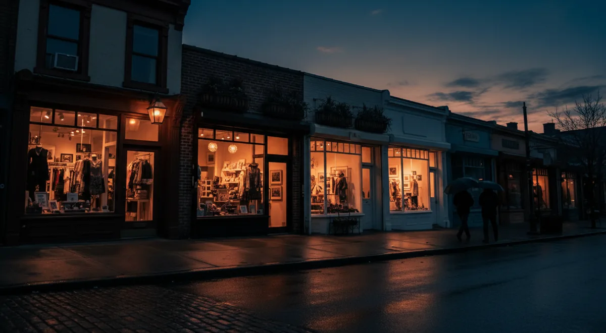 A row of boutique storefronts with glowing windows on a quiet street at twilight.