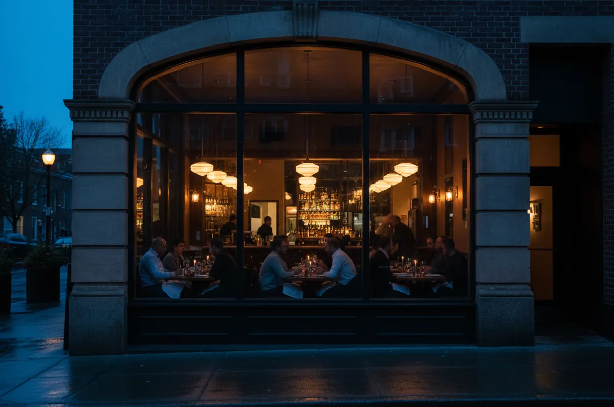 The warmly lit interior of a busy restaurant seen from the street at dusk, with silhouettes of diners inside.