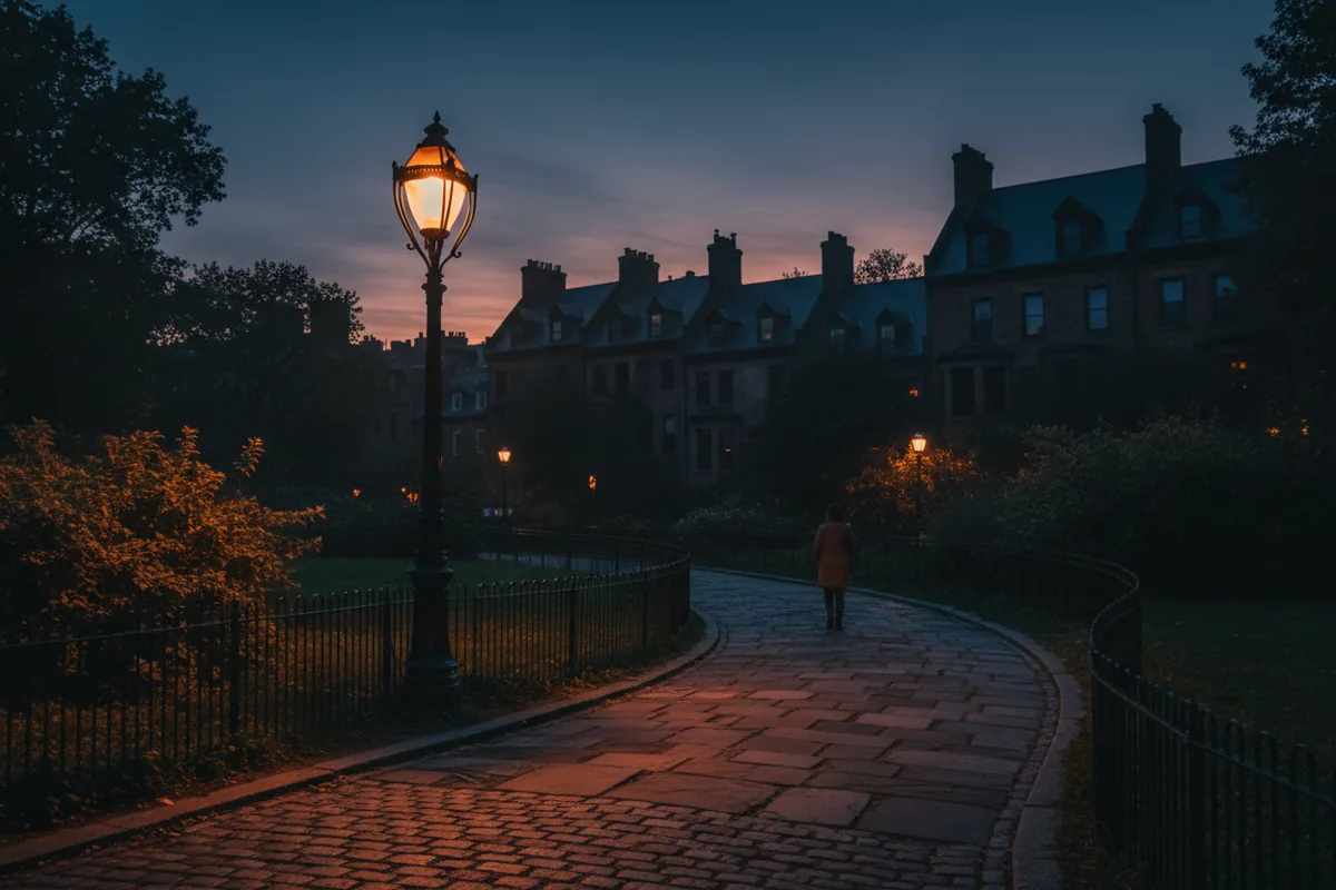 A glowing lamp post on a path in a quiet city park at twilight, with building silhouettes against the sky.