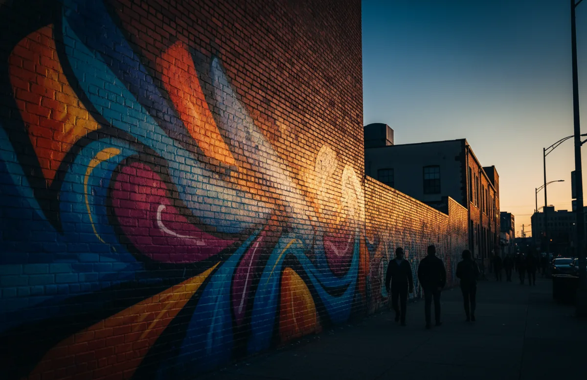A close-up of a vibrant street art mural on a brick wall in Bushwick, New York City.