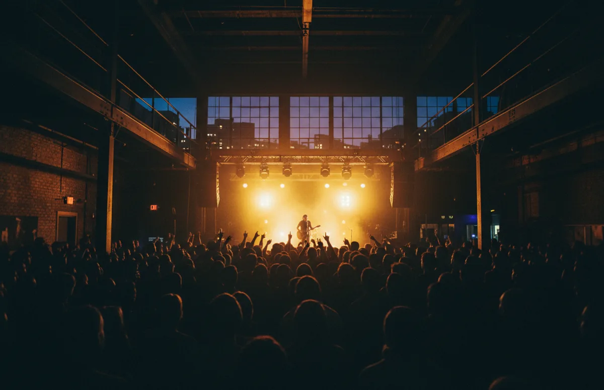 The interior of a dark music venue, with the crowd silhouetted against a brightly lit stage.