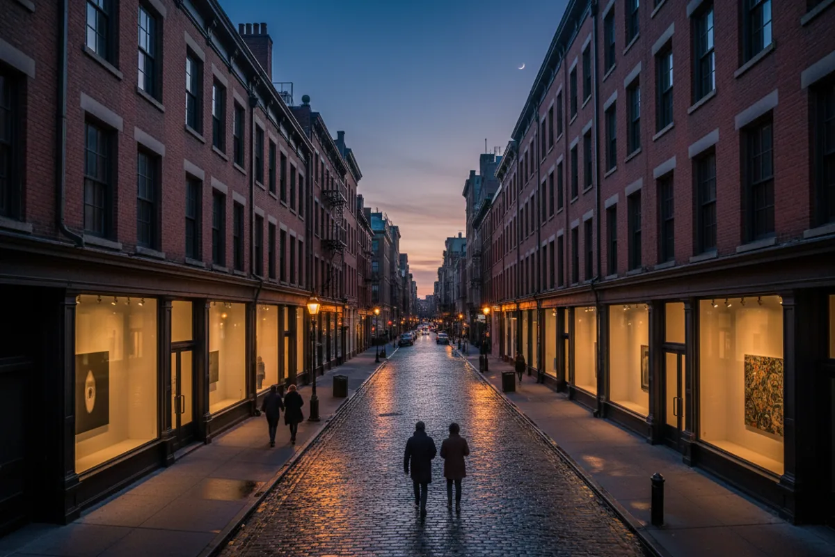 A quiet city street at dusk with warmly lit art gallery windows.