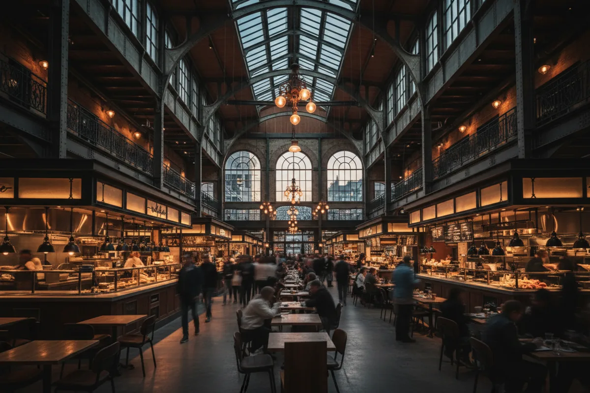The interior of a busy, modern food hall with high ceilings and warm lighting.