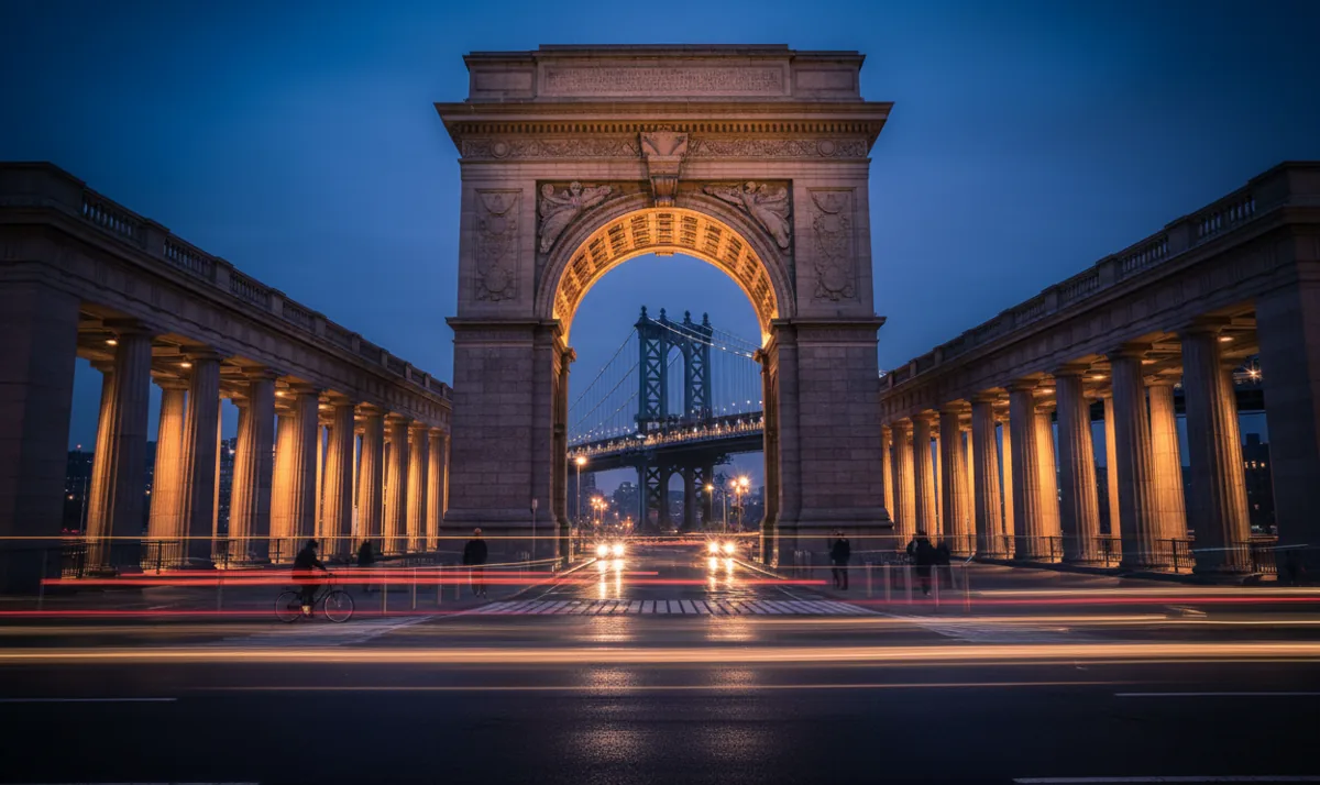 The illuminated Manhattan Bridge Arch and Colonnade in Chinatown at twilight with light trails from traffic.