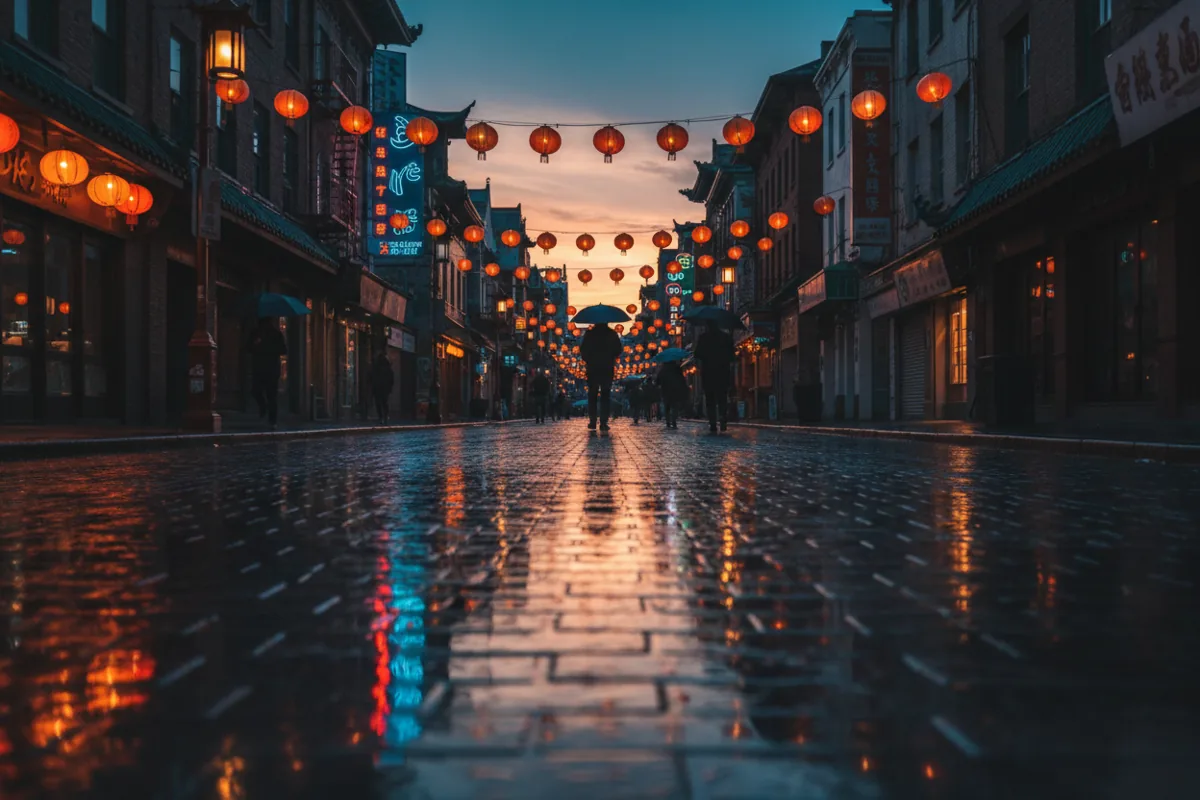 A rain-slicked Chinatown street at dusk, reflecting the warm glow of lanterns and neon signs.