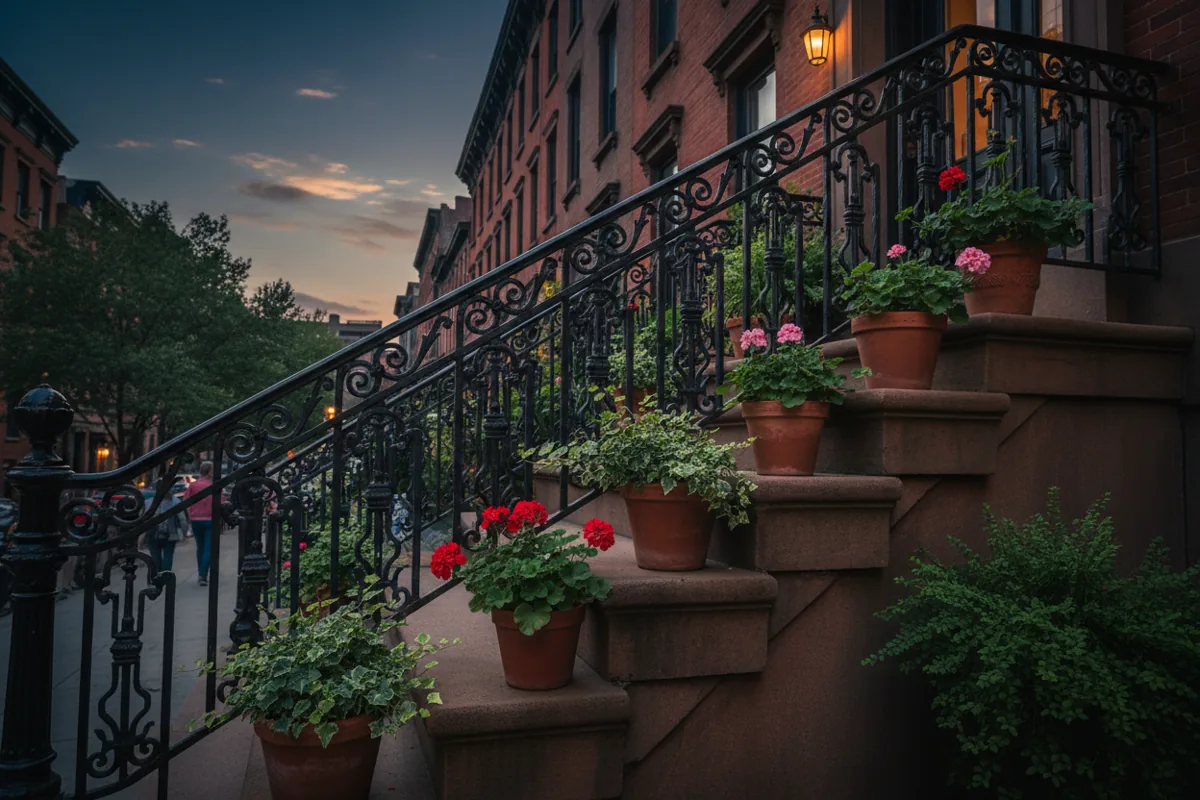 Potted plants on the steps of a classic Cobble Hill brownstone with a black iron railing.