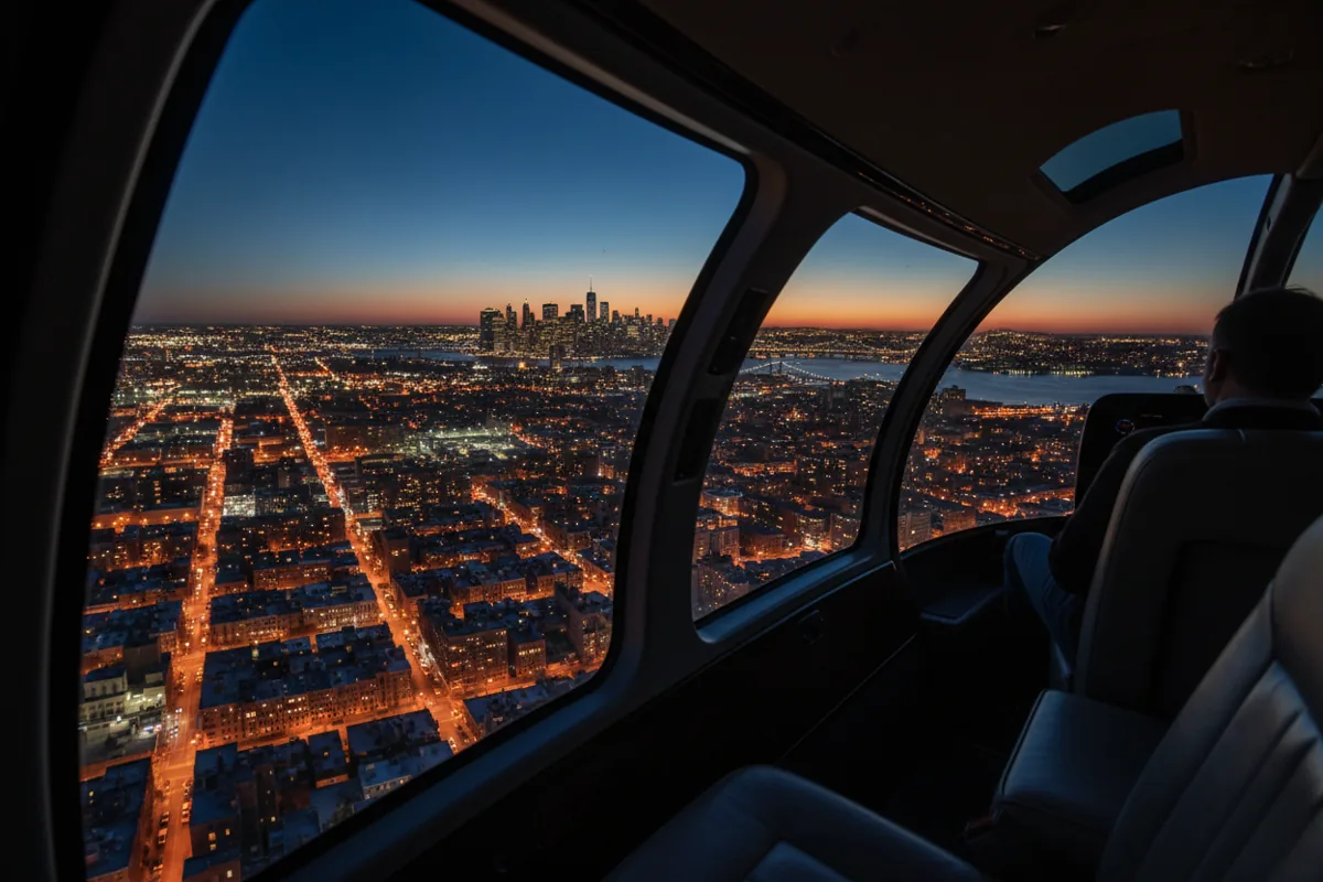 An aerial view of Brooklyn's illuminated street grid at night from inside a helicopter.