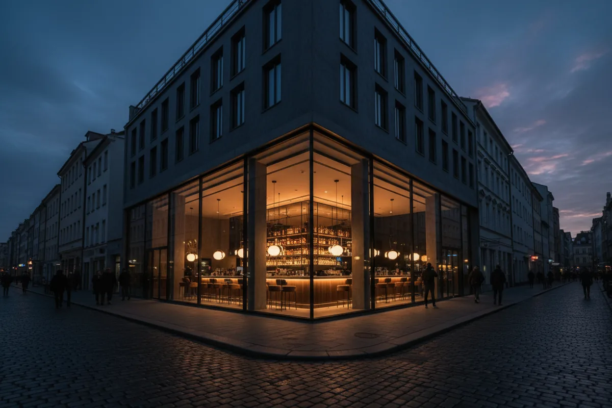 The glowing corner entrance of a stylish cocktail bar at twilight on a city street.