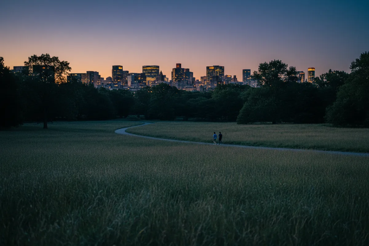A view across a park meadow at dusk, with the dark silhouettes of trees against a deep blue sky and distant city lights.