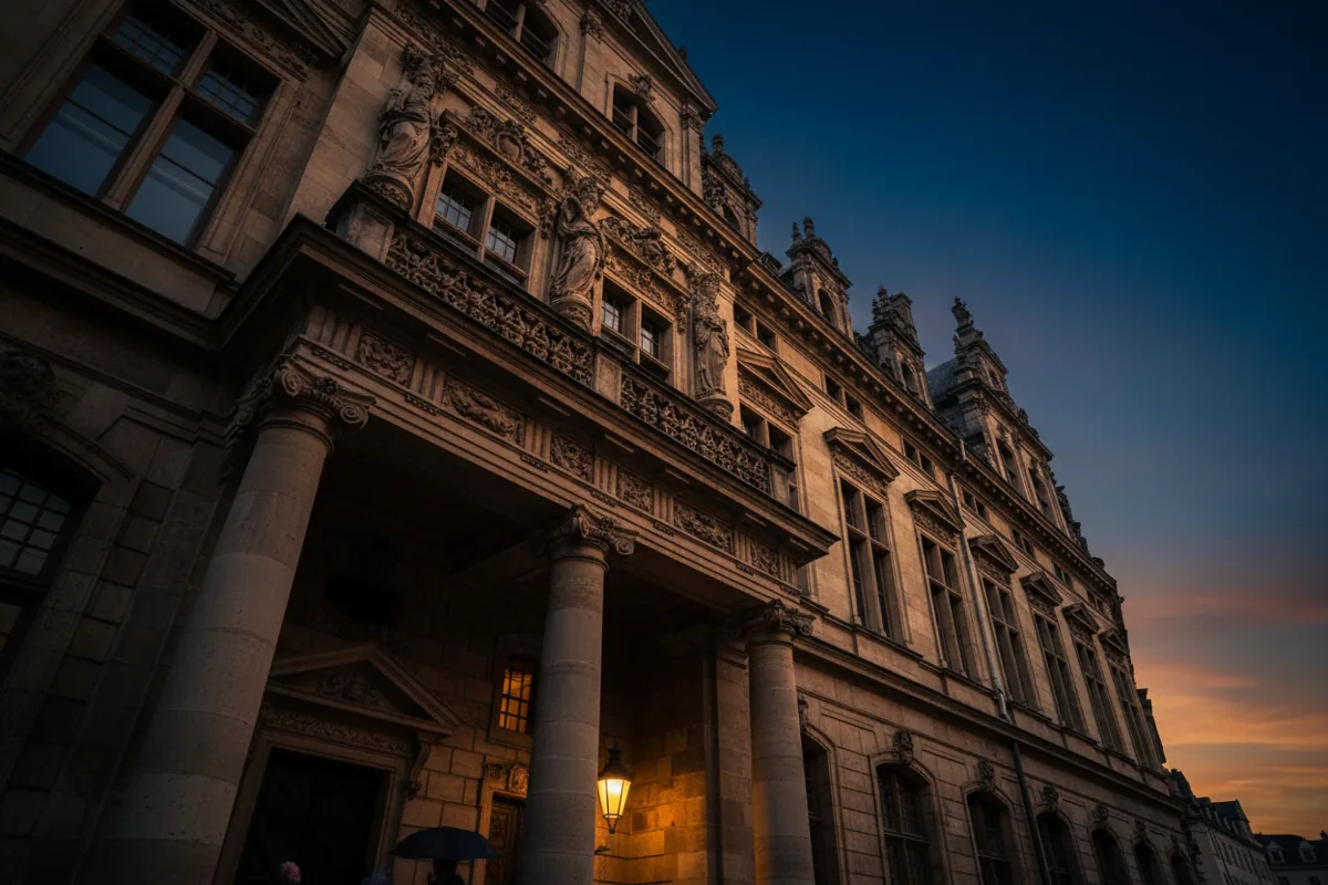 The detailed facade of a historic building illuminated by warm light against a dark blue evening sky.
