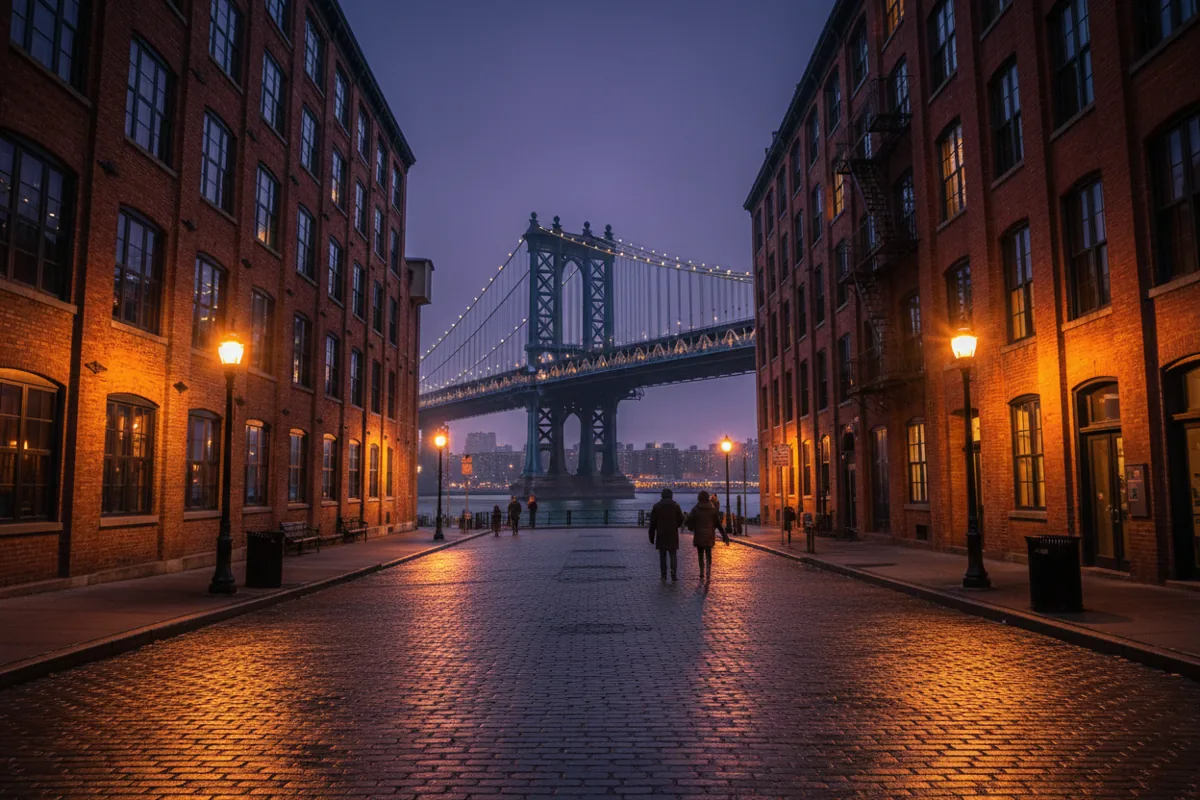 The Manhattan Bridge framed by buildings on a cobblestone street in DUMBO at twilight.