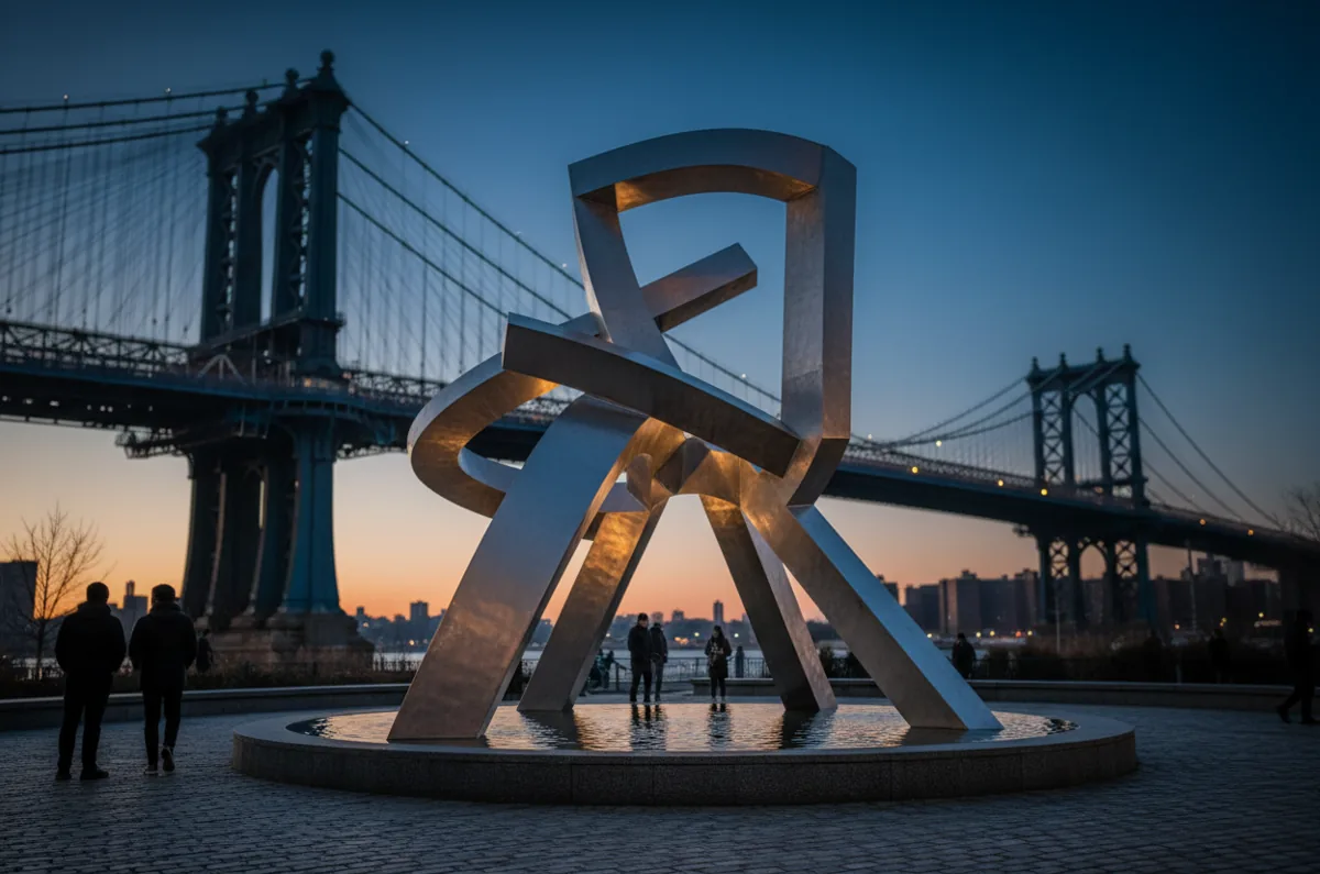 A modern public art sculpture in a DUMBO plaza, with the Manhattan Bridge visible in the background.