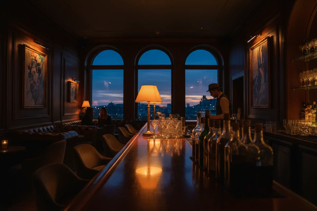 The dimly lit, polished wooden bar of a speakeasy-style lounge with warm, ambient lighting.