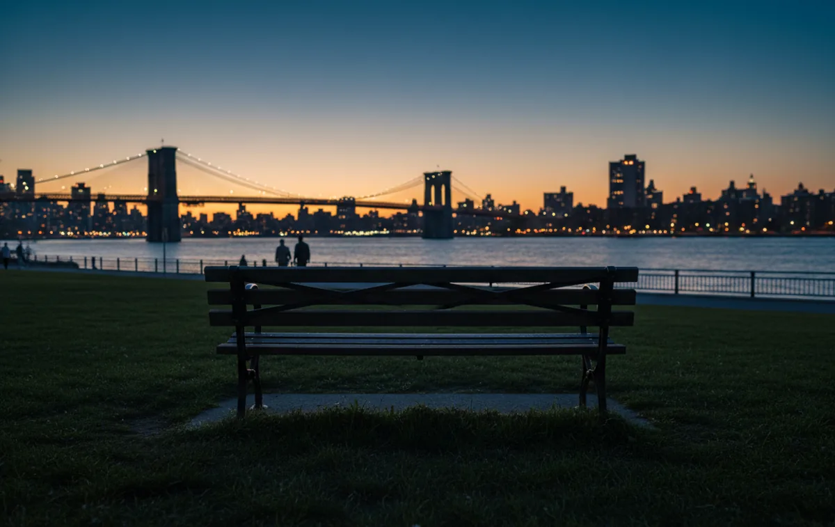 An empty park bench on a lawn in East River Park overlooking the water and the distant Brooklyn skyline on a hazy morning.