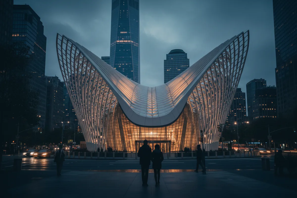 The white winged Oculus at the World Trade Center at dusk with One World Trade Center behind it.