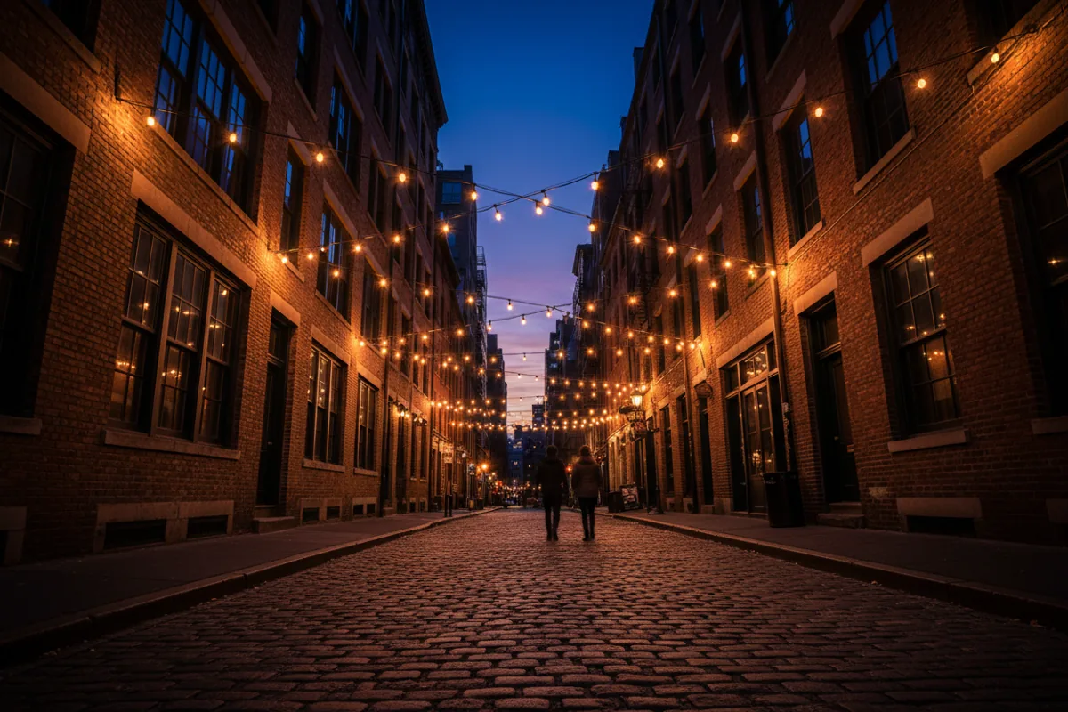 Glowing lights illuminate the historic cobblestone Stone Street in Lower Manhattan at twilight.