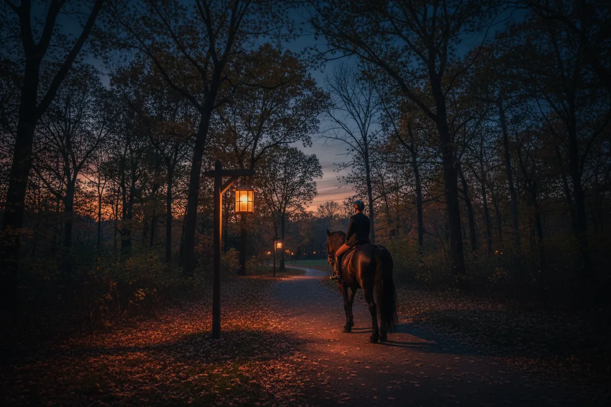 A person riding a horse on a wooded trail at dusk.