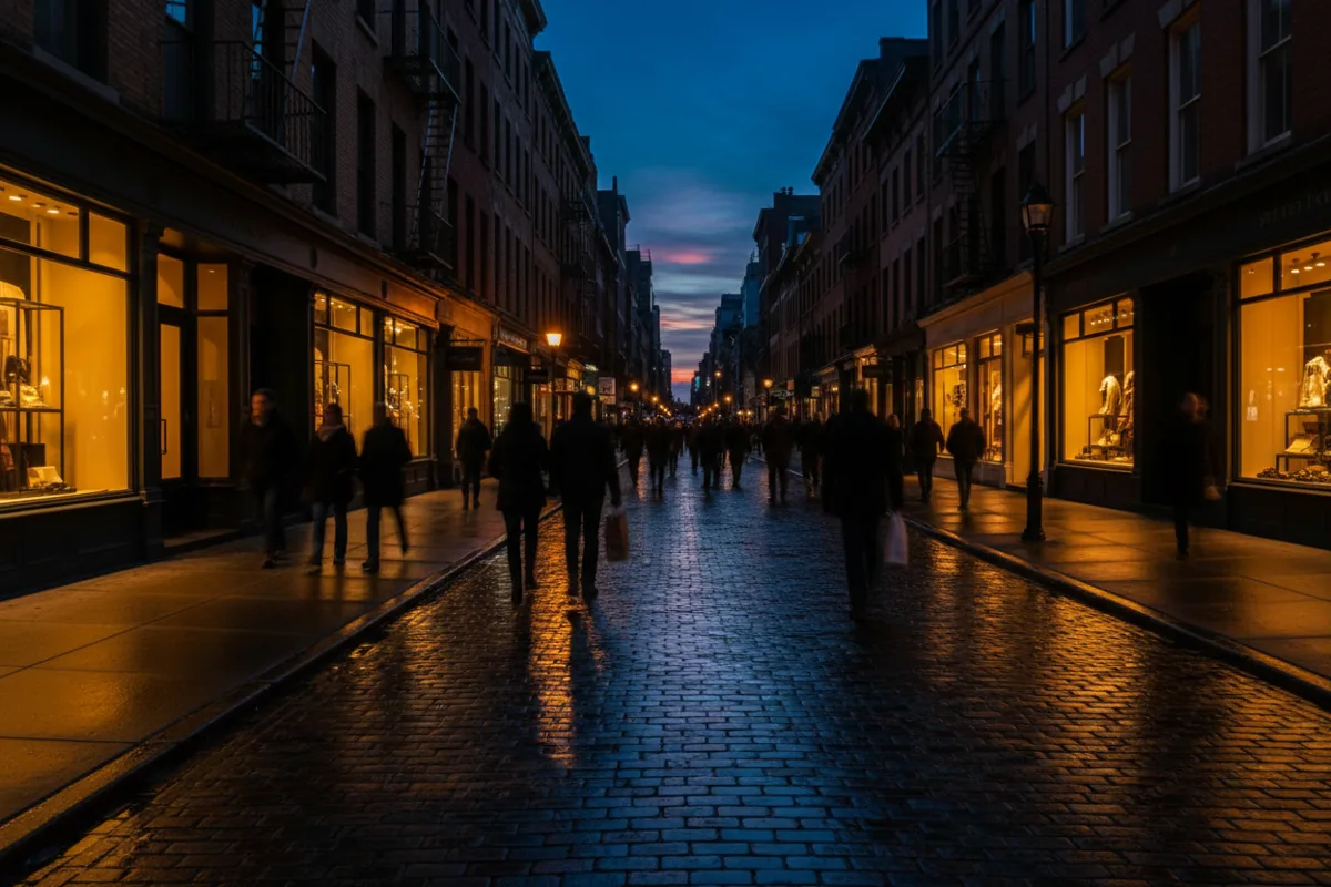 A tree-lined commercial street at dusk with glowing lights from shop windows.