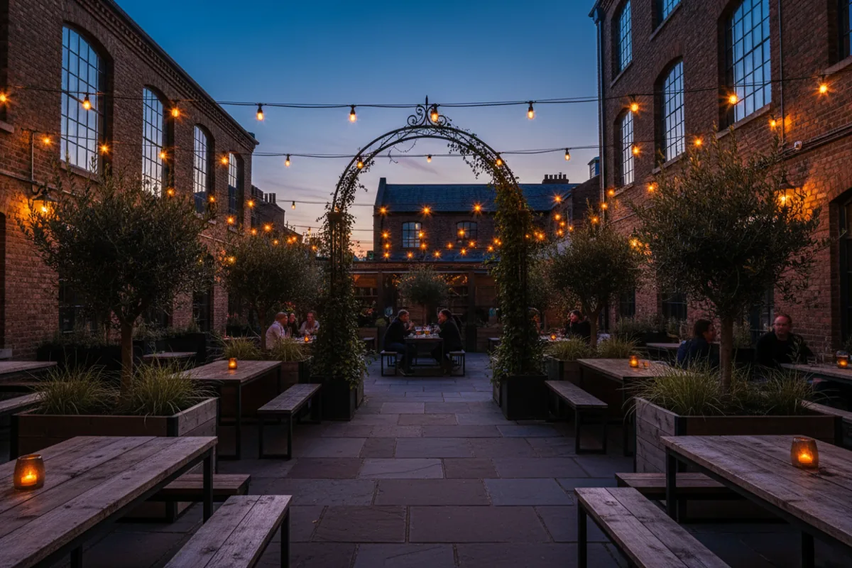 An outdoor brewery beer garden at night, illuminated by warm string lights, with patrons sitting at tables.