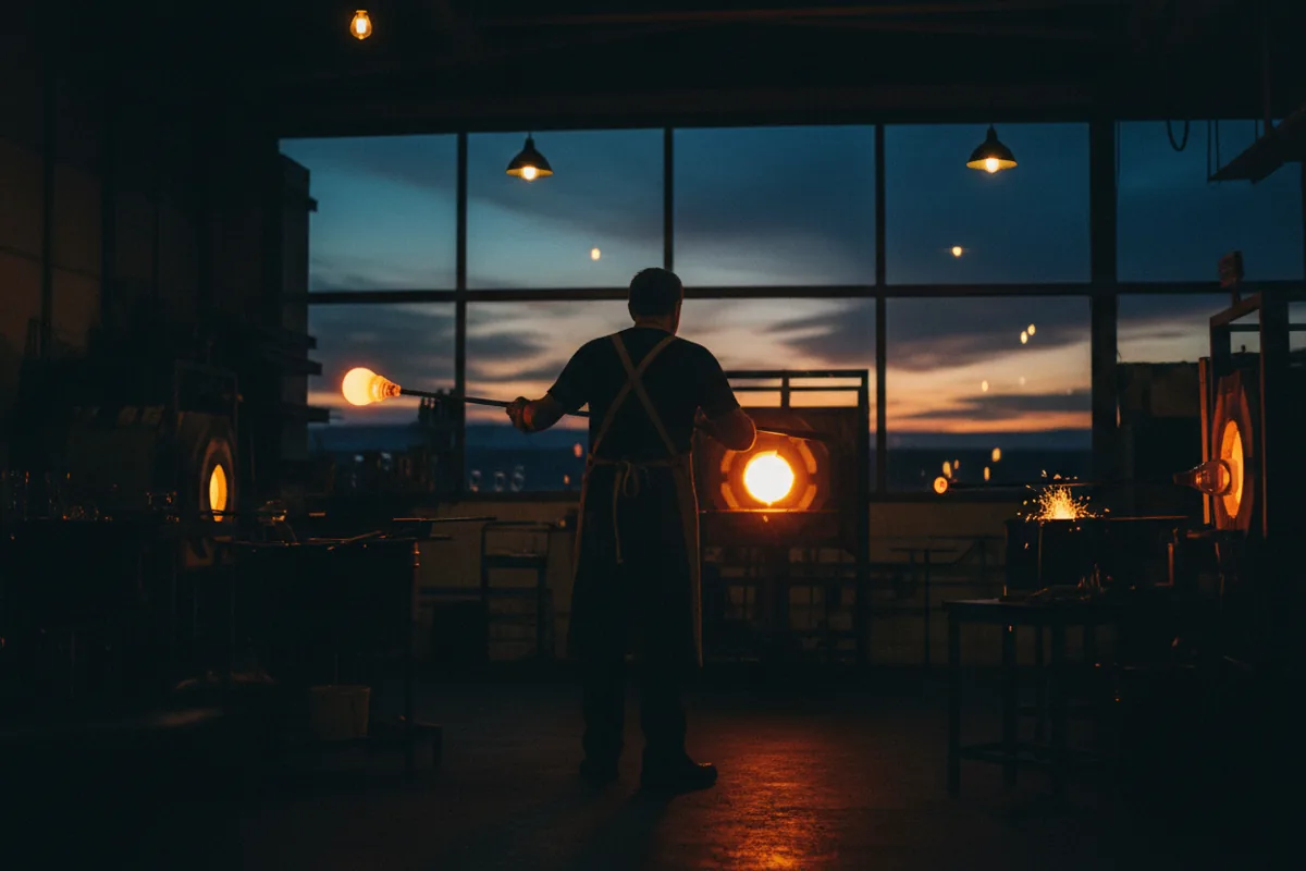 A glassblower shapes a piece of glowing molten glass on a blowpipe in a dark workshop.