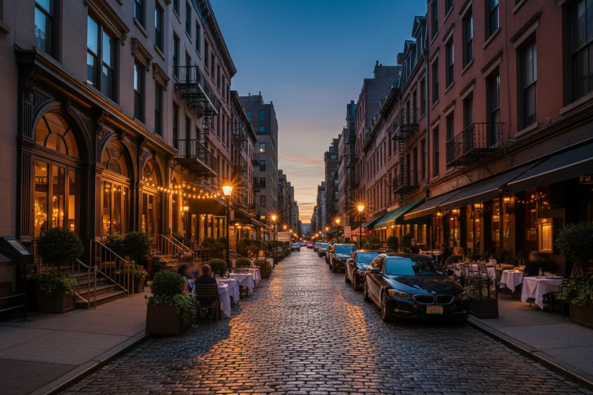 A charming New York City street at dusk, with warm light glowing from restaurants.