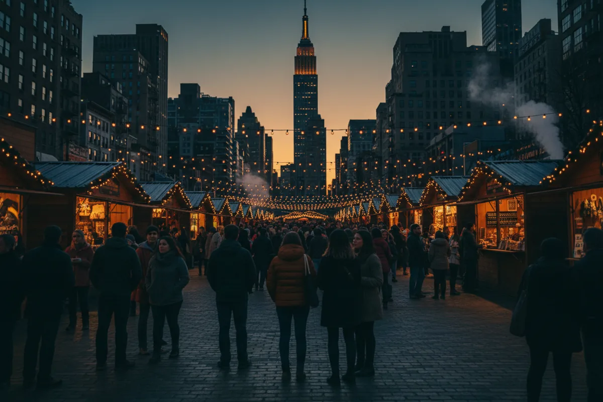 An outdoor holiday market in a city square at dusk, illuminated by warm string lights.